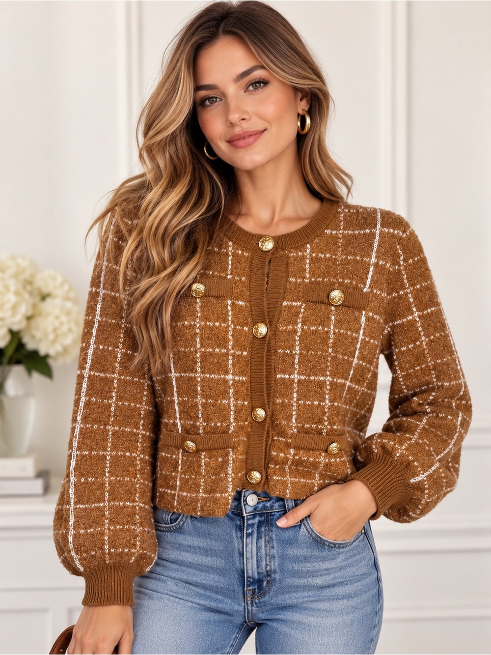 Marled Camel Ivory Plaid Gold Button Cropped Boucle Cardigan Sweater Size Small